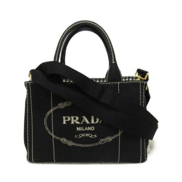 PRADA Canapa 2way Shoulder Hand Crossbody Tote Bag Canvas Black Used - Picture 1 of 7